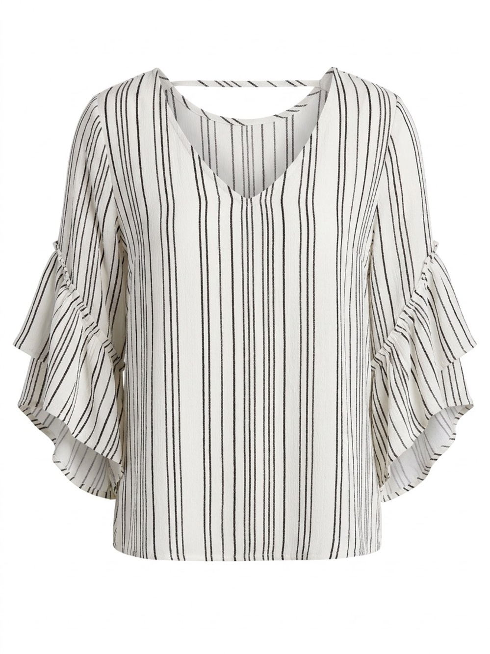 Altar'd State White Blouse with Black Vertical Stripes and Ruffle Sleeves